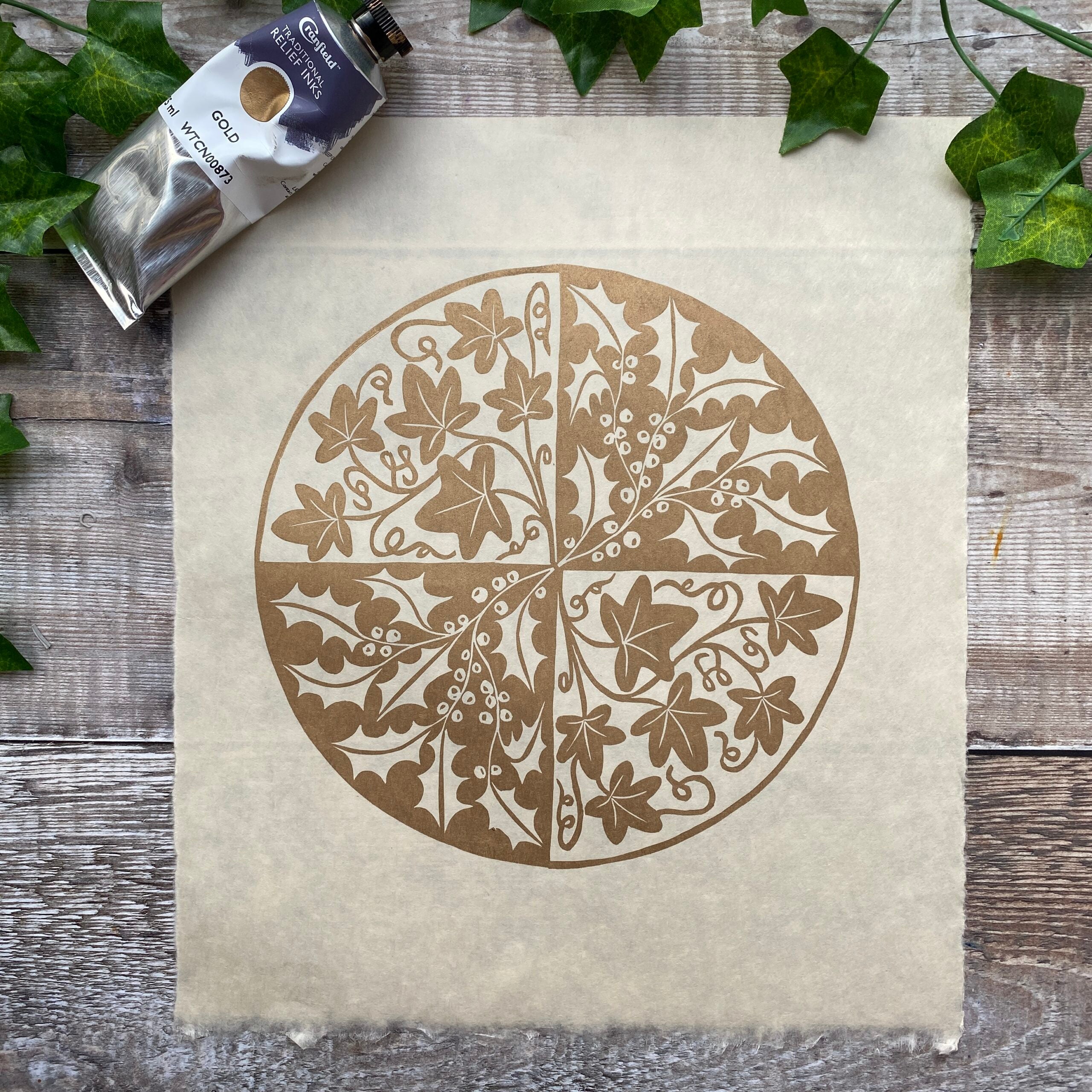 The Holly and The Ivy - Gold Linocut Print