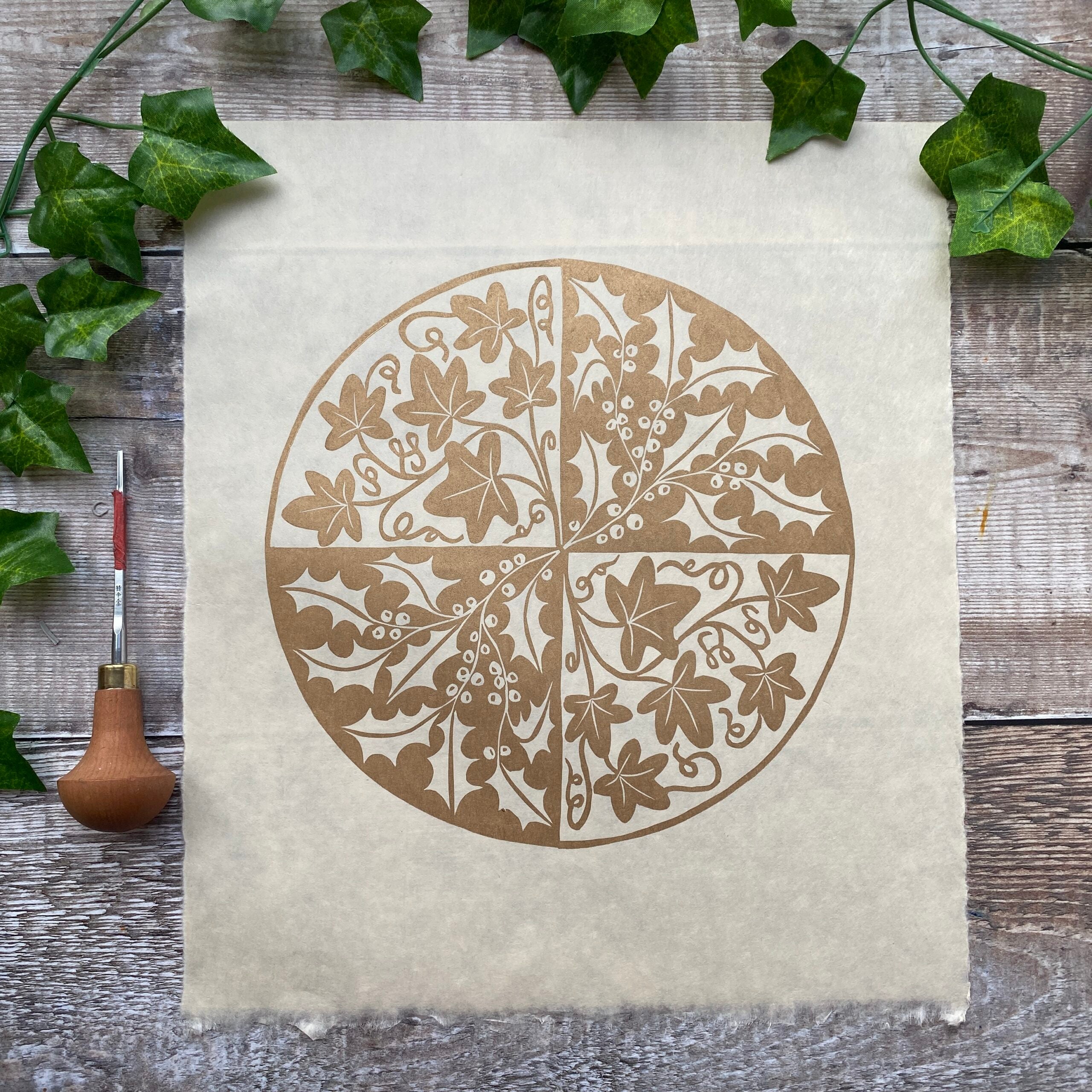 The Holly and The Ivy - Gold Linocut Print