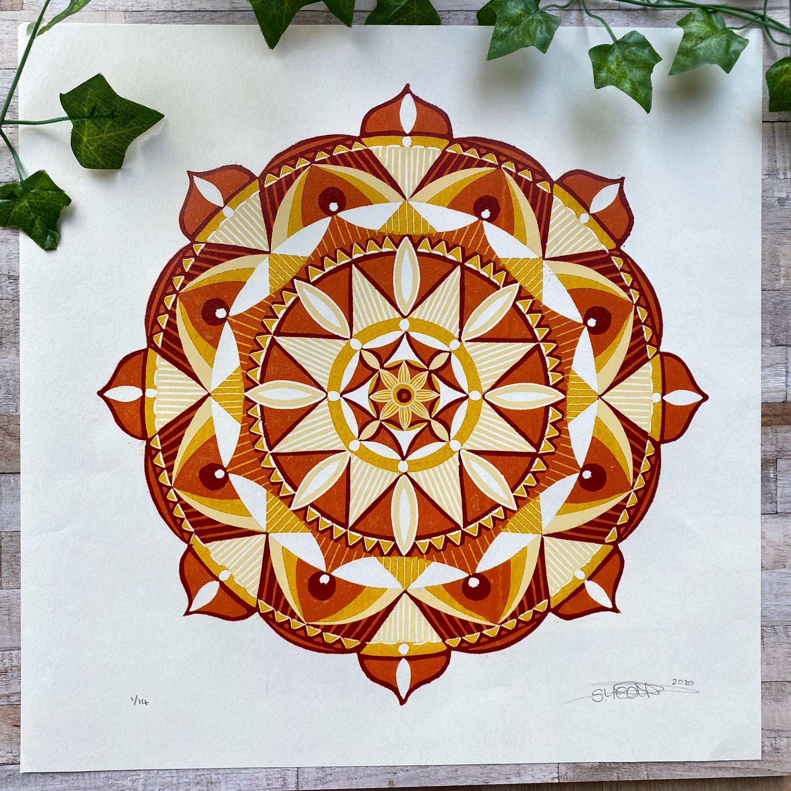 Autumn Mandala Reduction Linocut Print