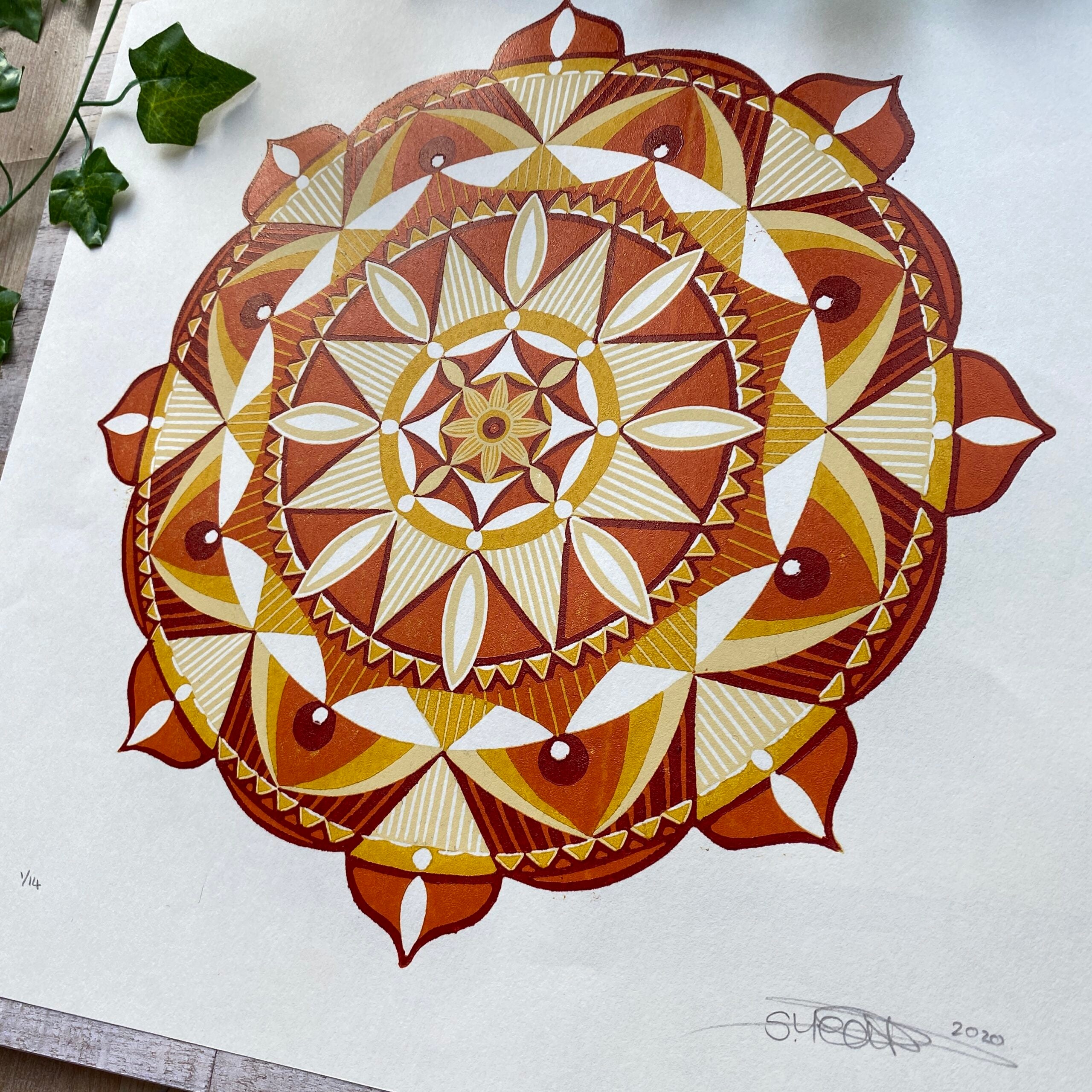 Autumn Mandala Reduction Linocut Print