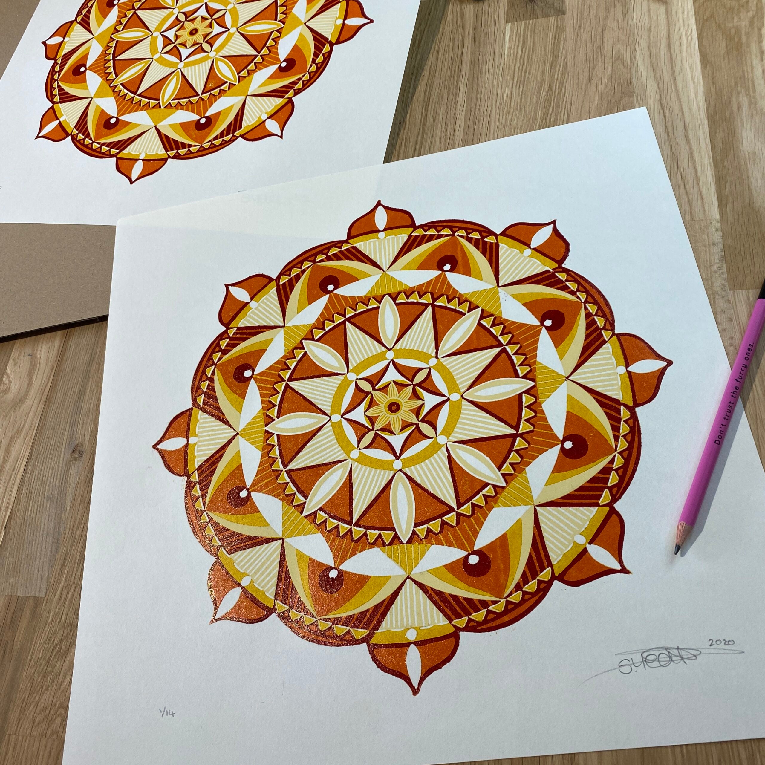 Autumn Mandala Reduction Linocut Print