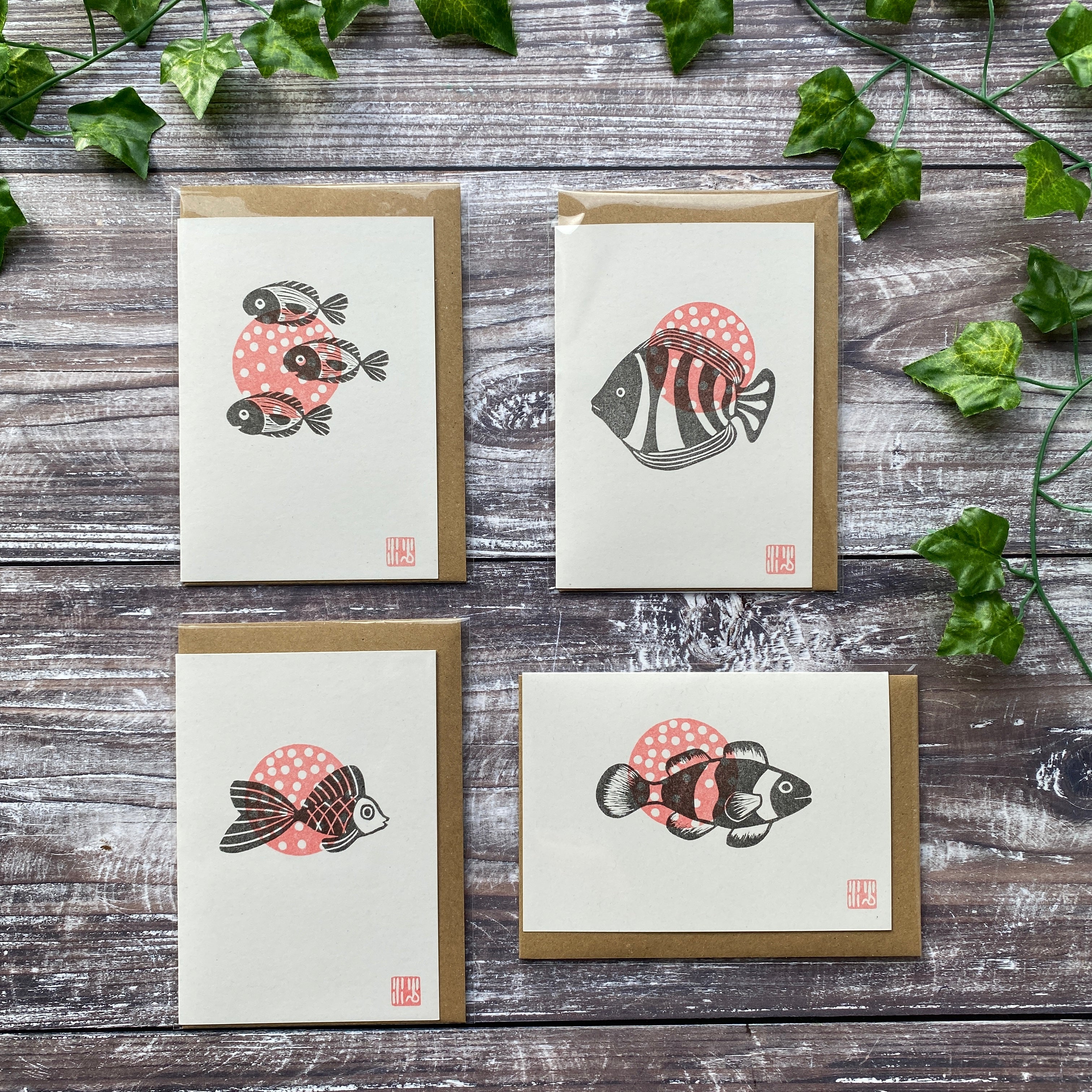 “Fishes Over the Sun” Four Card Collection - A6 Riso Printed Greetings Cards x 4