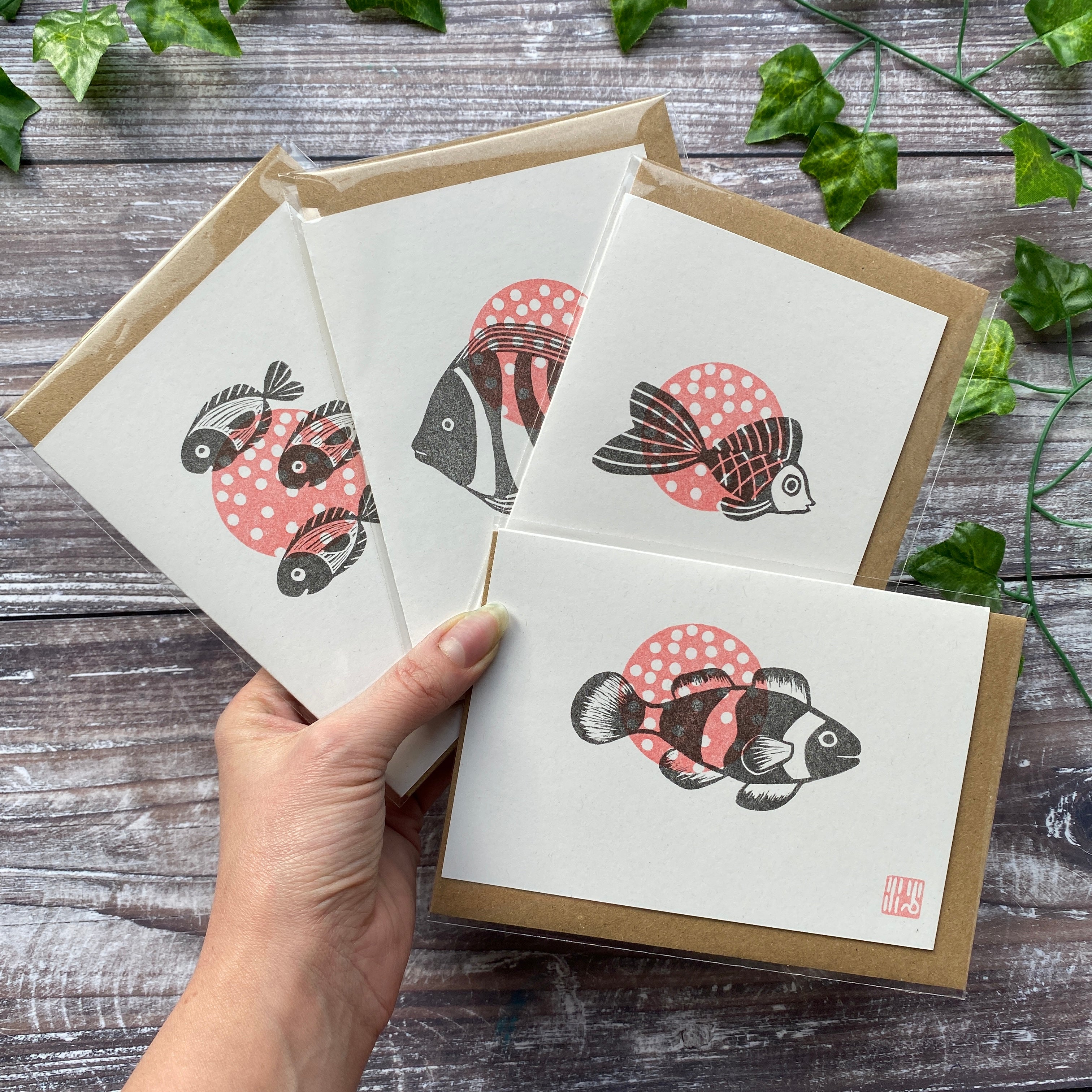 “Fishes Over the Sun” Four Card Collection - A6 Riso Printed Greetings Cards x 4