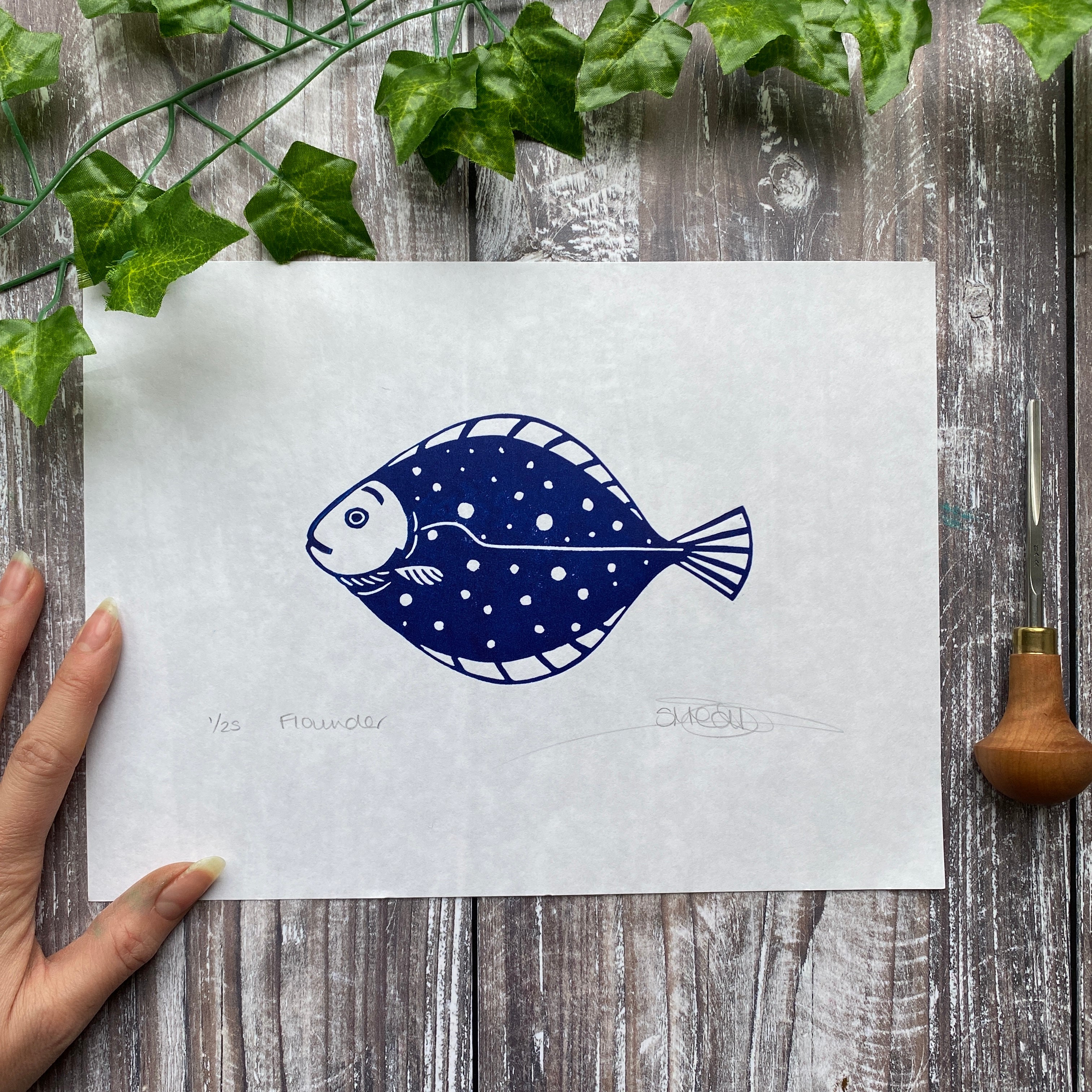 Flounder (Fish) - Original Linocut Print