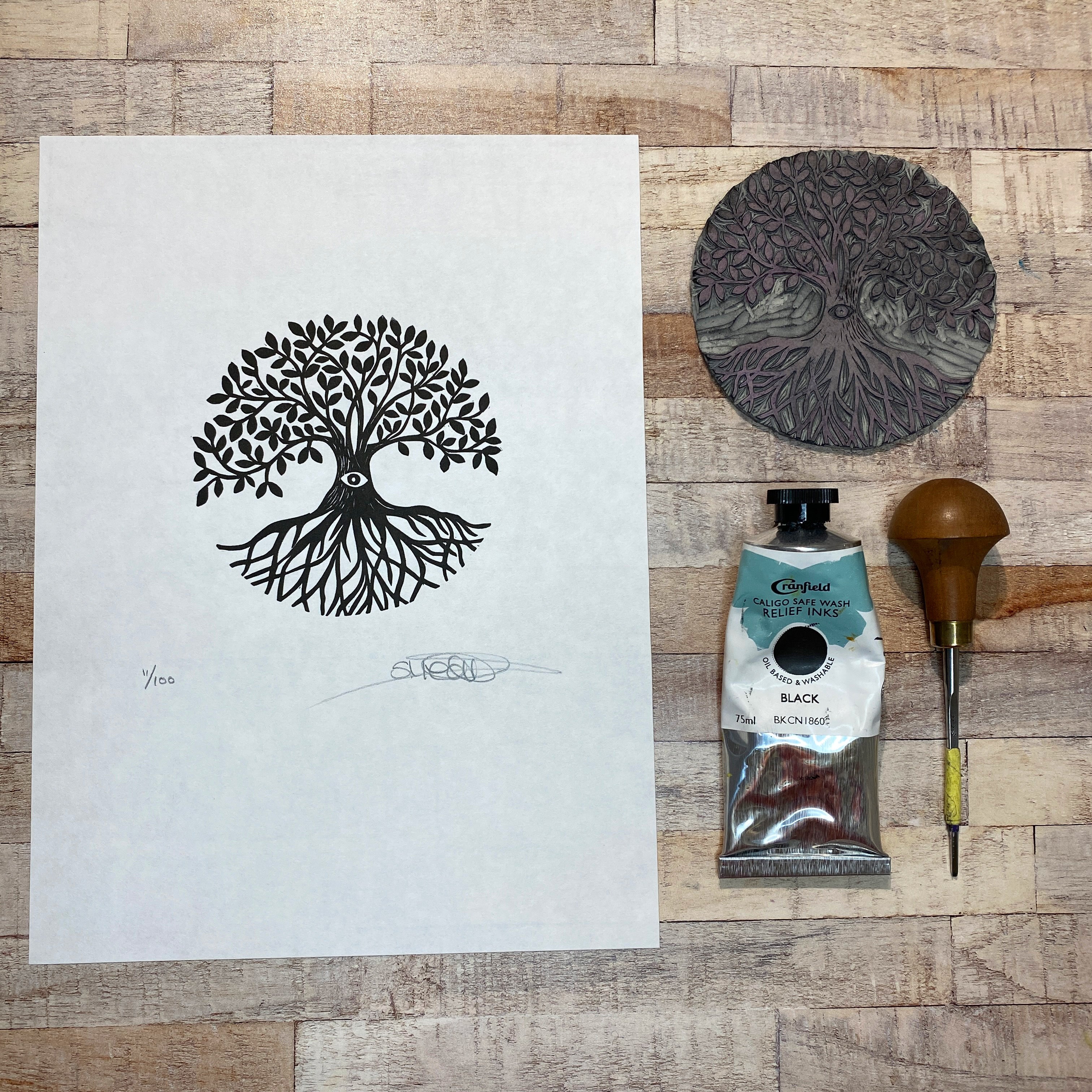 Tree of Life I - Original Black and White Linocut Print