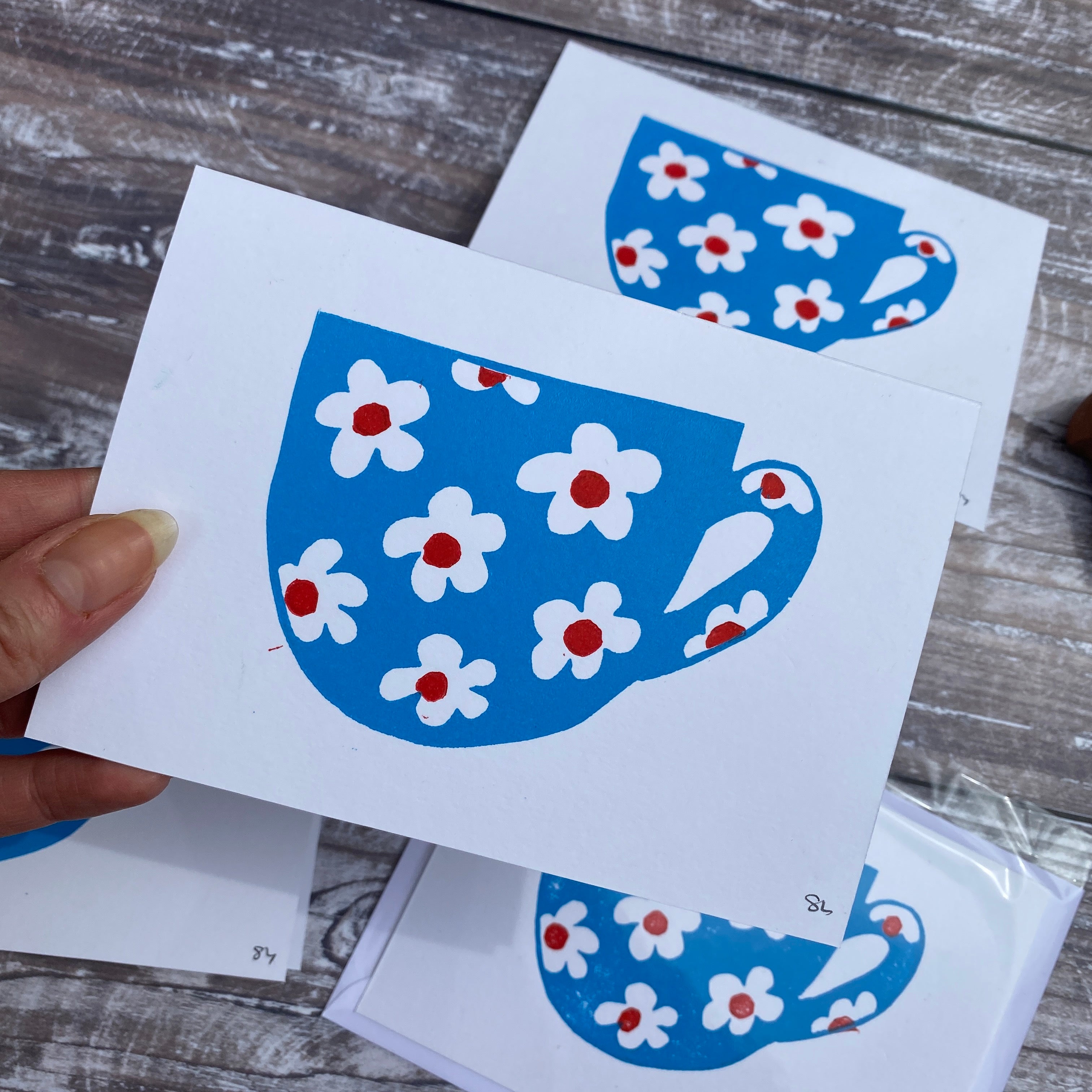 Blue Teacup - Linocut Greetings Card