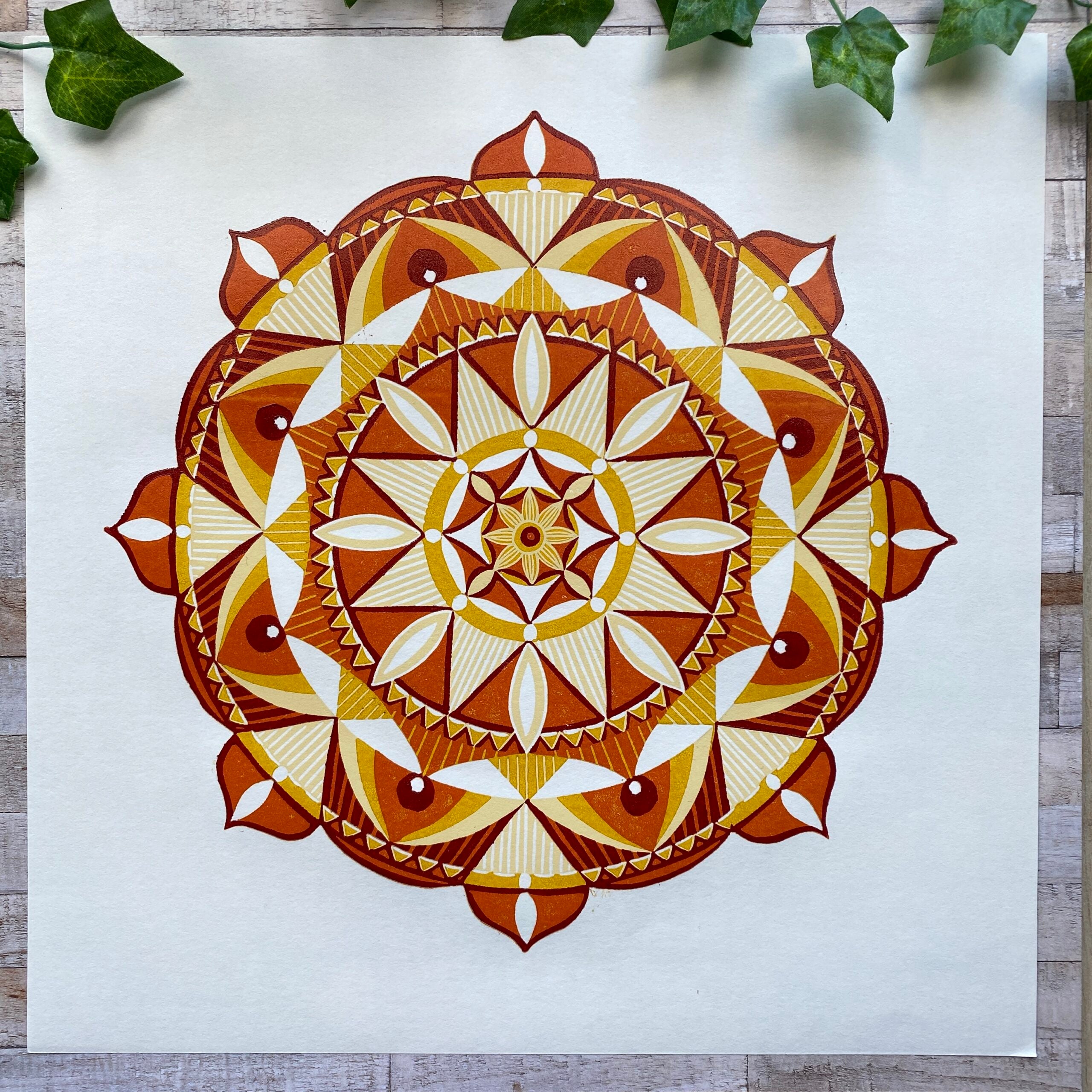 Autumn Mandala Reduction Linocut Print