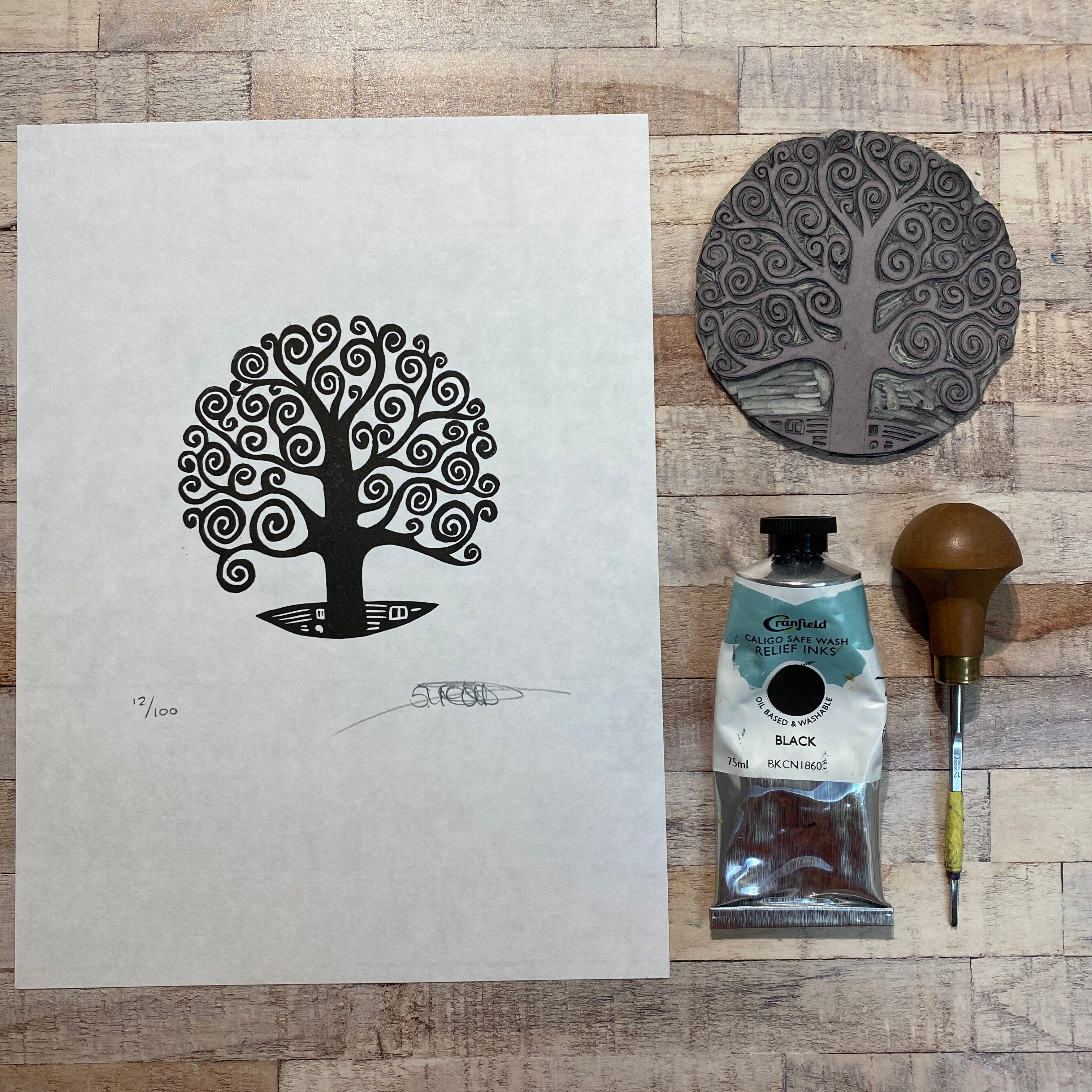 Tree of Life II (Klimpt Inspired) - Original Linocut Print