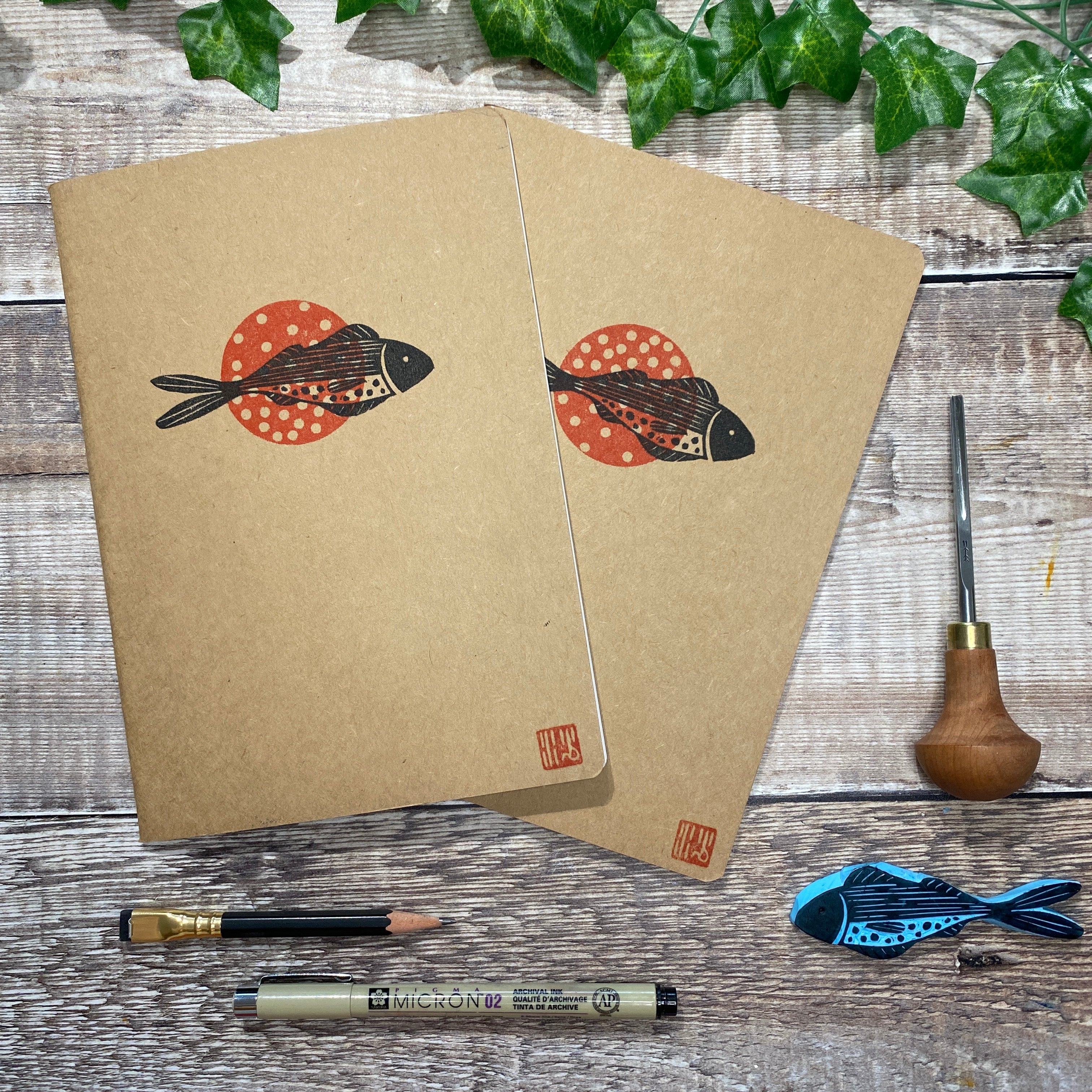 SALE - A5 Block Printed Sketchbook - Little Barb Fish